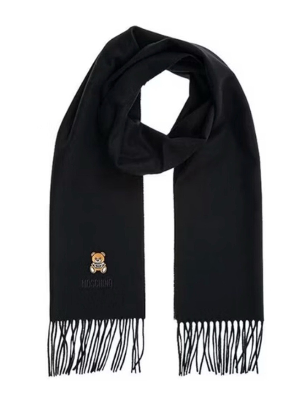 NWT Moschino Black 100% Wool Teddy Bear Fringe Scarf Shawl Made in Italy Unisex